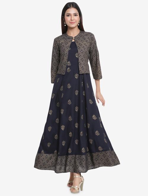navy a-line kurta with jacket - 17594369 - Very Small Image - 1
