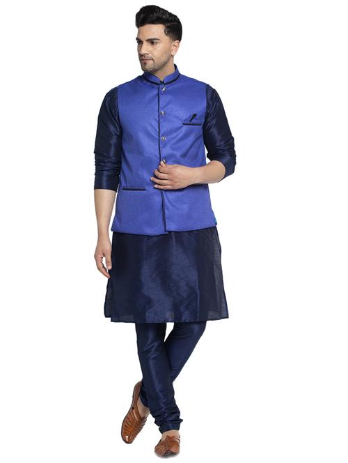 men solid kurta churidar ethnic wear set with blue nehru jacket - 17594384 - Very Small Image - 1