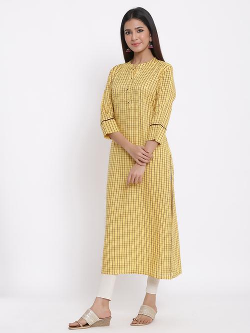 yellow checked straight kurta - 17595213 - Very Small Image - 1