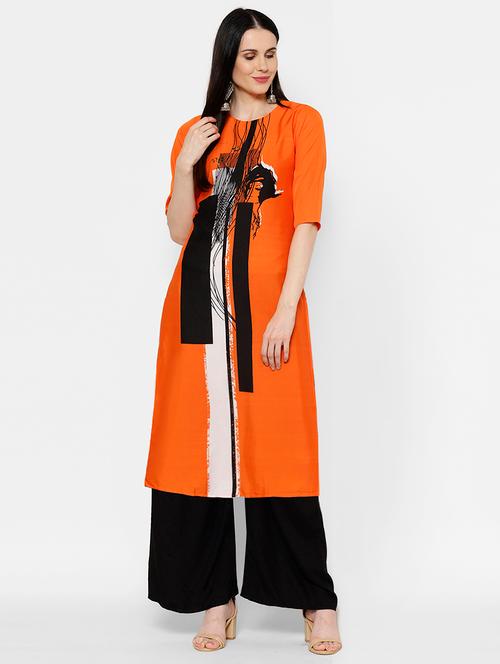 orange printed straight kurta - 17595730 - Very Small Image - 1