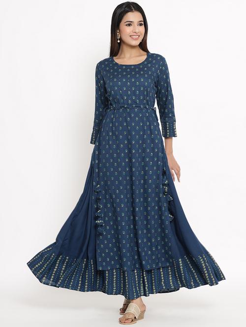 teal rayon anarkali kurta - 17595973 - Very Small Image - 1