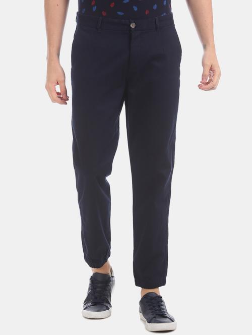 navy blue solid flat front casual trouser - 17597684 - Very Small Image - 1