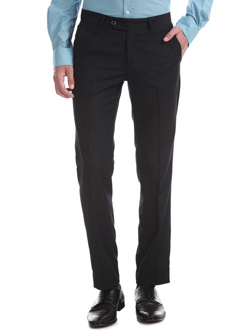 navy blue textured flat front formal trouser - 17597763 - Very Small Image - 1