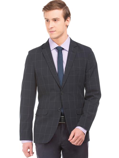 navy blue checkered single breasted formal blazer - 17597845 - Very Small Image - 1