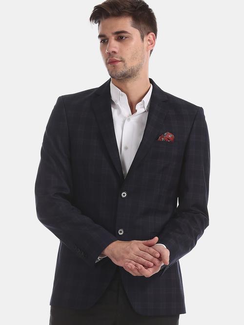 navy blue checkered single breasted formal blazer - 17597866 - Very Small Image - 1