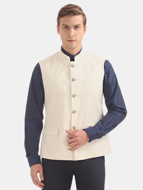 cream self design nehru jacket - 17597876 - Very Small Image - 1
