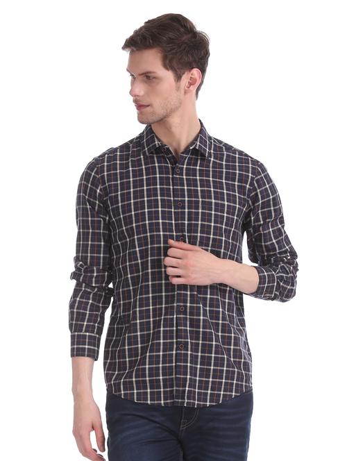 navy blue checkered casual shirt - 17597933 - Very Small Image - 1