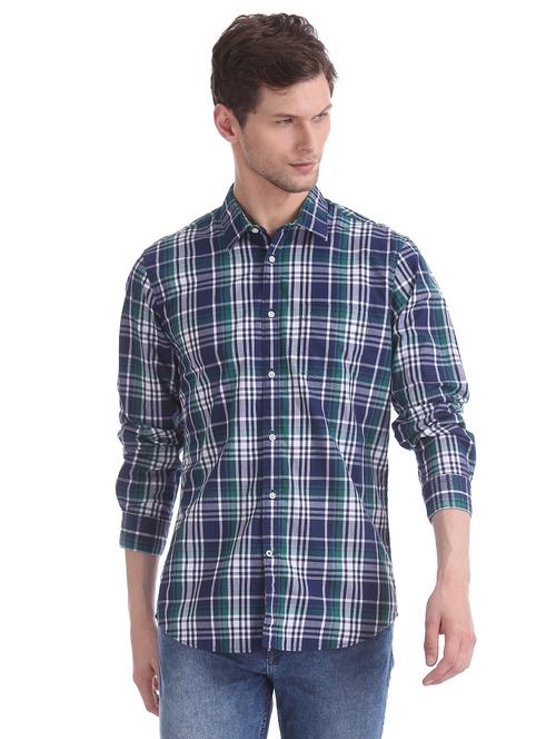 navy blue checkered casual shirt - 17597938 - Very Small Image - 1