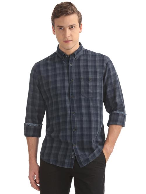 navy blue checkered casual shirt - 17598044 - Very Small Image - 1