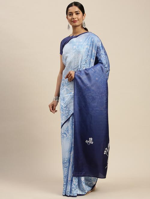 blue silk blend printed saree - 17599370 - Very Small Image - 1