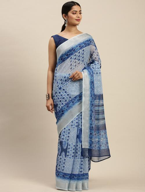 blue linen printed saree with blouse - 17599371 - Very Small Image - 1