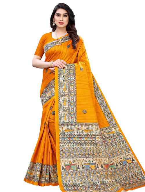 yellow silk blend printed saree with blouse - 17601226 - Very Small Image - 1