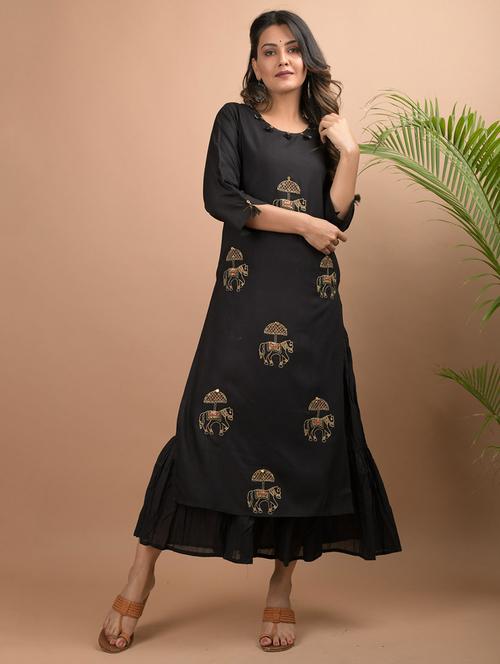 black cotton flared kurta - 17601635 - Very Small Image - 1