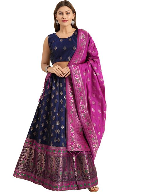 navy blue silk flared lehenga - 17601792 - Very Small Image - 1