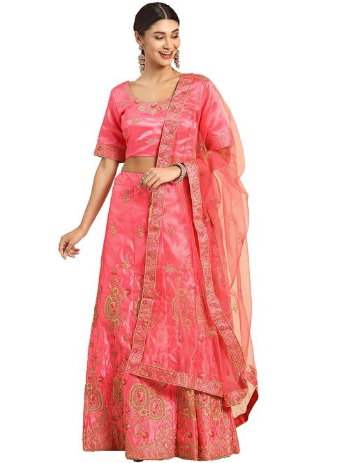 coral satin flared lehenga - 17601798 - Very Small Image - 1