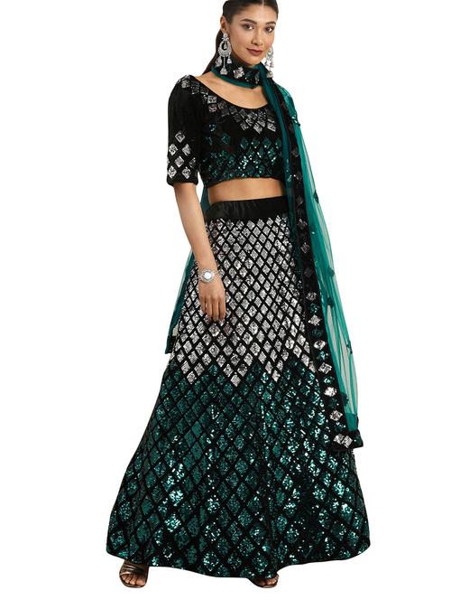 bottle green velvet flared lehenga - 17601799 - Very Small Image - 1