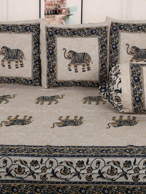 indhome life 100%cotton jaipuri print diwan set with 1single bedsheet with 3cushions covers and 2 bolster covers (pack of 6) - 17602299 - Very Small Image - 1