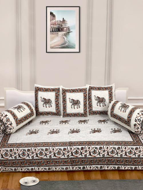 indhome life 100%cotton jaipuri print diwan set with 1single bedsheet with 3cushions covers and 2 bolster covers (pack of 6) - 17602300 - Very Small Image - 1