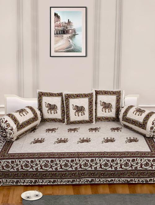 indhome life 100%cotton jaipuri print diwan set with 1single bedsheet with 3cushions covers and 2 bolster covers (pack of 6) - 17602301 - Very Small Image - 1