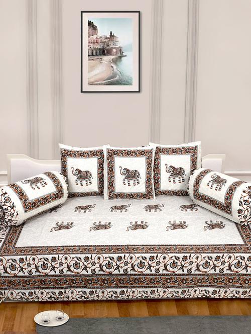 indhome life 100%cotton jaipuri print diwan set with 1single bedsheet with 3cushions covers and 2 bolster covers (pack of 6) - 17602302 - Very Small Image - 1