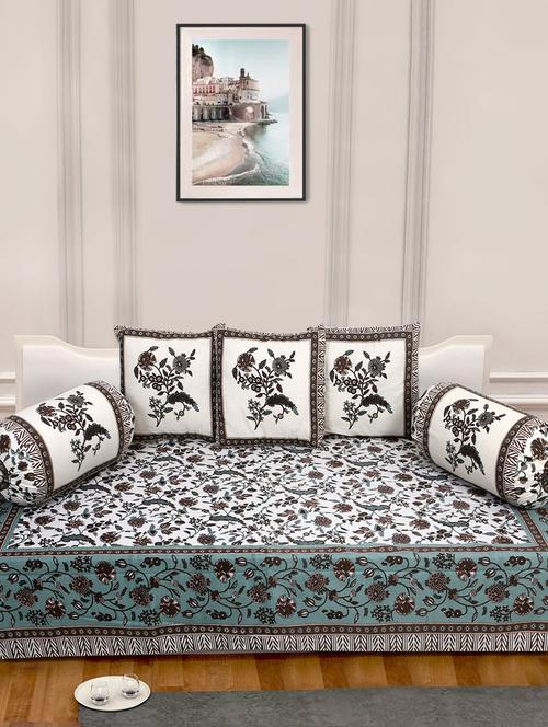 indhome life 100%cotton jaipuri print diwan set with 1single bedsheet with 3cushions covers and 2 bolster covers (pack of 6) - 17602307 - Very Small Image - 1