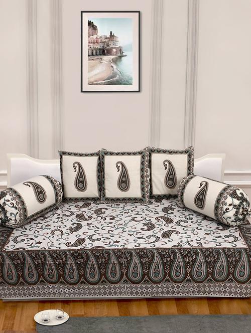 indhome life 100%cotton jaipuri print diwan set with 1single bedsheet with 3cushions covers and 2 bolster covers (pack of 6) - 17602310 - Very Small Image - 1