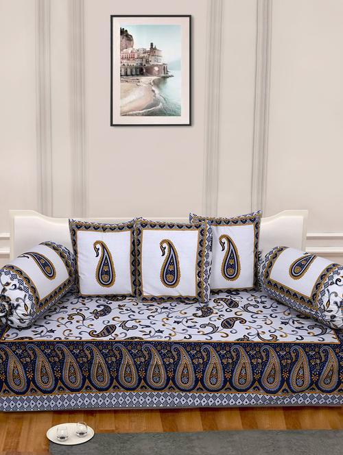 indhome life 100%cotton jaipuri print diwan set with 1single bedsheet with 3cushions covers and 2 bolster covers (pack of 6) - 17602312 - Very Small Image - 1