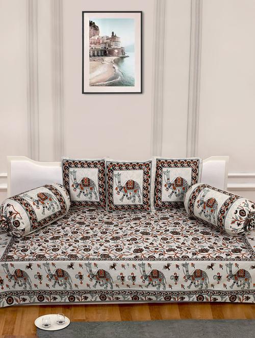 indhome life 100%cotton jaipuri print diwan set with 1single bedsheet with 3cushions covers and 2 bolster covers (pack of 6) - 17602317 - Very Small Image - 1