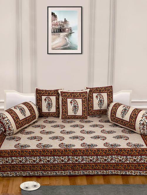 indhome life 100%cotton jaipuri print diwan set with 1single bedsheet with 3cushions covers and 2 bolster covers (pack of 6) - 17602322 - Very Small Image - 1