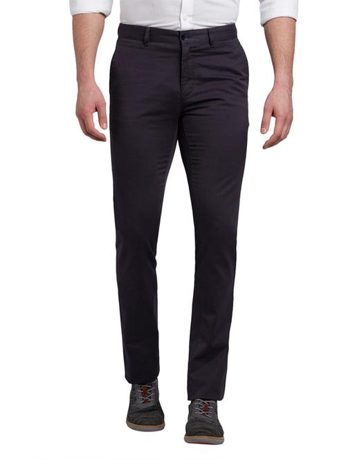 navy blue textured flat front casual trouser - 17604696 - Very Small Image - 1