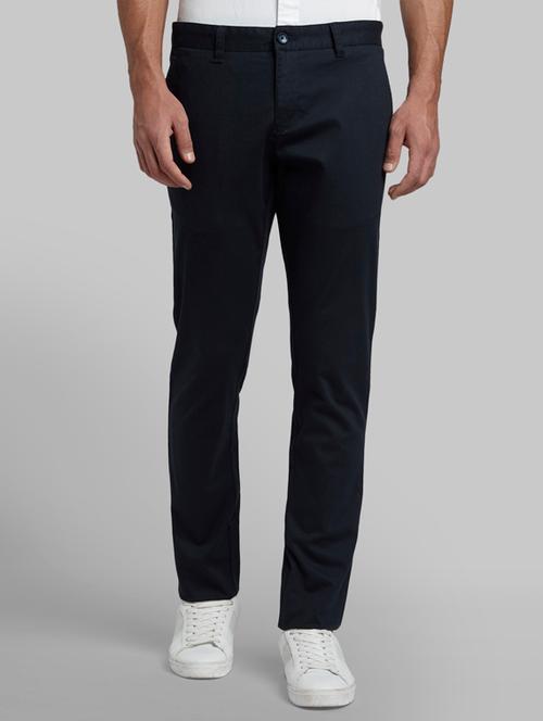 dark blue solid flat front casual trouser - 17604846 - Very Small Image - 1