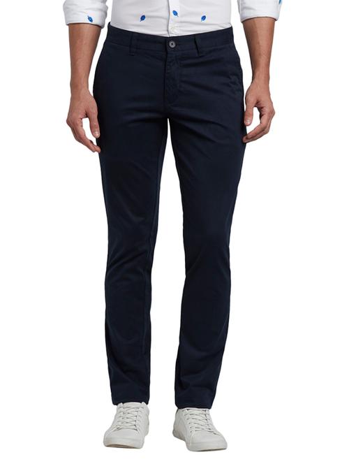 navy blue solid flat front casual trouser - 17604895 - Very Small Image - 1