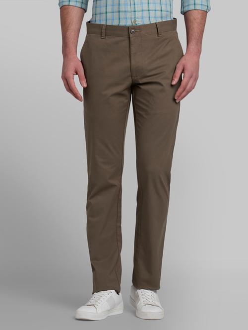 khaki solid flat front casual trouser - 17605071 - Very Small Image - 1