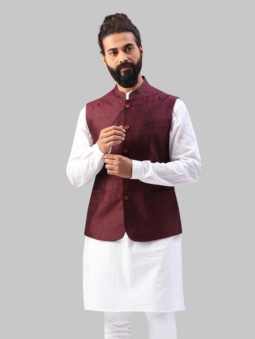 maroon solid silk nehru jacket - 17606650 - Very Small Image - 1