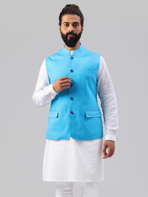 light blue solid silk nehru jacket - 17606656 - Very Small Image - 1