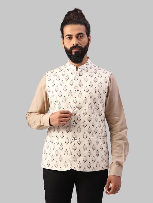 cream printed nehru jacket - 17606675 - Very Small Image - 1