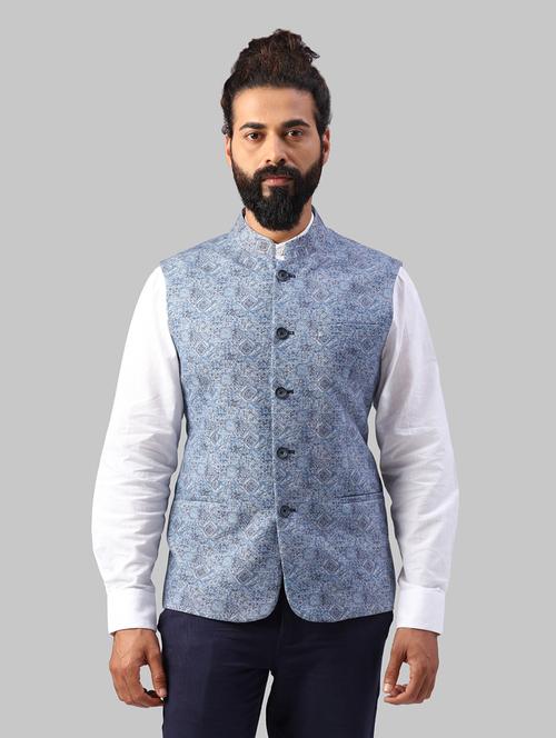 blue printed nehru jacket - 17606678 - Very Small Image - 1