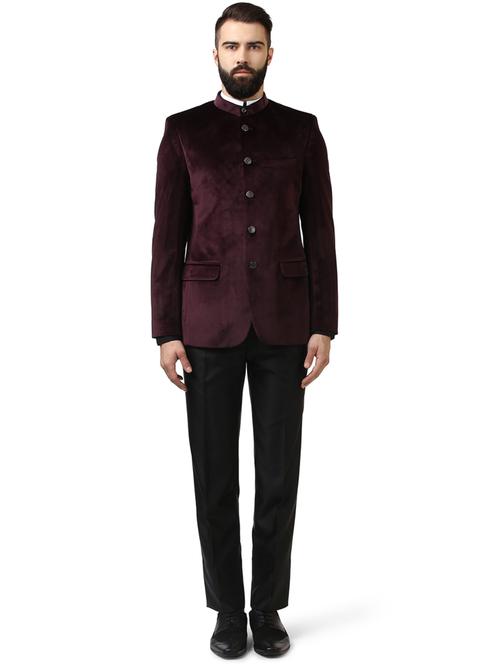 maroon solid bandhgala suit - 17606969 - Very Small Image - 1