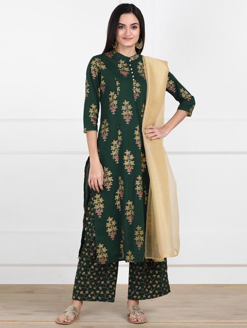 green cotton kurta palazzo set - 17607061 - Very Small Image - 1