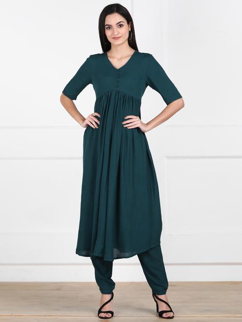 teal rayon kurta pant set - 17607065 - Very Small Image - 1