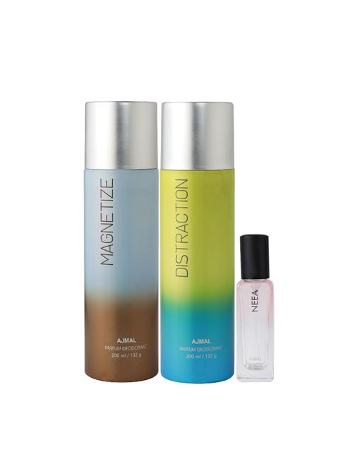 ajmal magnetize & distraction deo each 200ml & neea edp 20ml (total 420ml) for unisex + 2 parfum testers - 17607226 - Very Small Image - 1