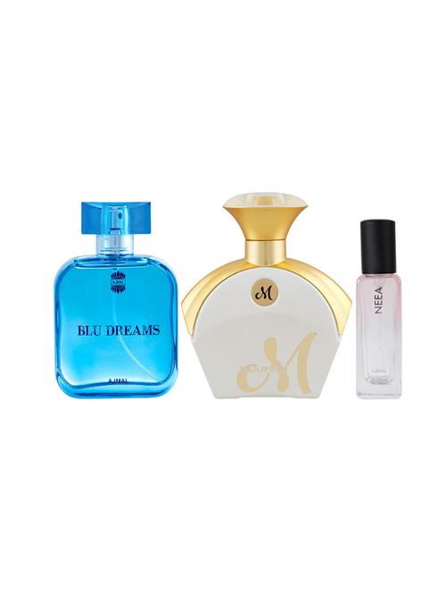 ajmal blu dreams edp 100ml & aryaj mwhite edp 90ml & neea edp of 20ml (total 210ml) for unisex + 2 parfum testers - 17607230 - Very Small Image - 1