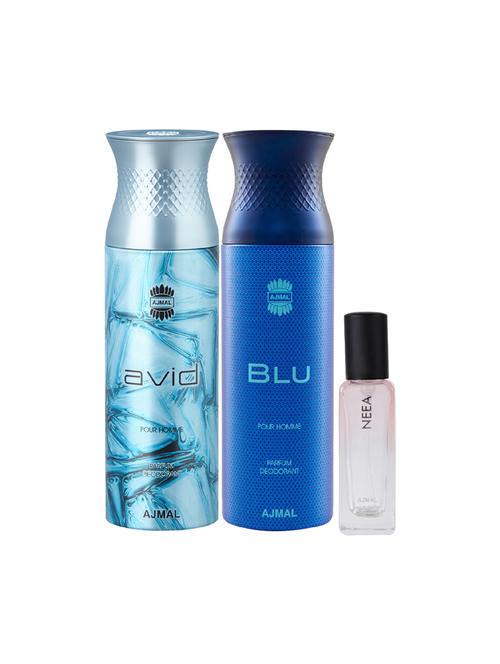 ajmal avid & blu deo each of 200ml & neea edp of 20ml (total 420ml) for unisex + 2 parfum testers - 17607241 - Very Small Image - 1