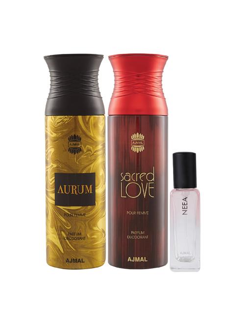 ajmal aurum femme & sacredlove deo each 200ml & neea edp 20ml (total 420ml) for unisex + 2 parfum testers - 17607257 - Very Small Image - 1