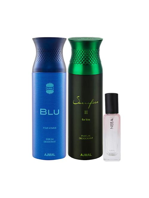 ajmal blu & sacrifice ii him deo each 200ml & neea edp 20ml (total 420ml) for unisex + 2 parfum testers - 17607260 - Very Small Image - 1