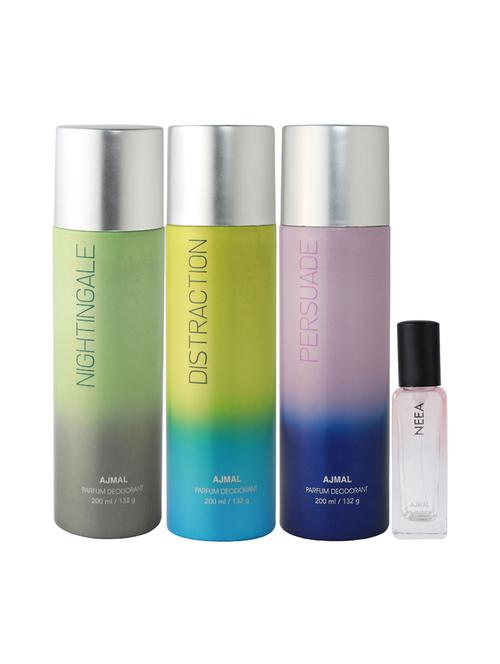 ajmal nightingale & distraction & persuade deo each 200ml & neea edp 20ml for unisex + 2 parfum testers - 17607265 - Very Small Image - 1