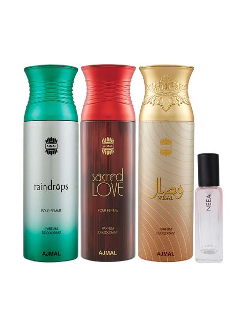 ajmal sacred love & raindrops & wisal deo each 200ml & neea edp 20ml (total 620ml) for unisex + 2 parfum testers - 17607269 - Very Small Image - 1