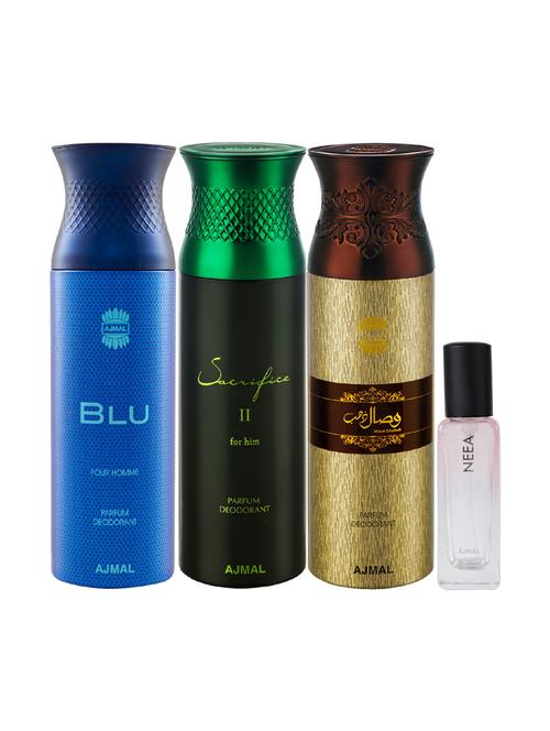 ajmal blu & sacrifice ii & wisal dahab deo each 200ml & neea edp 20ml pack of 4 (total 620ml) for unisex 2 parfum testers - 17607270 - Very Small Image - 1