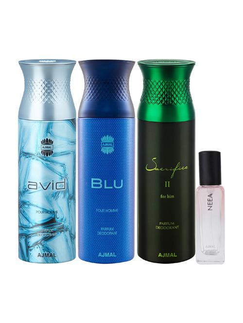 ajmal avid & blu & sacrifice ii deo each 200ml & neea edp 20ml pack of 4 (total 620ml) for men & women + 2 parfum testers - 17607271 - Very Small Image - 1