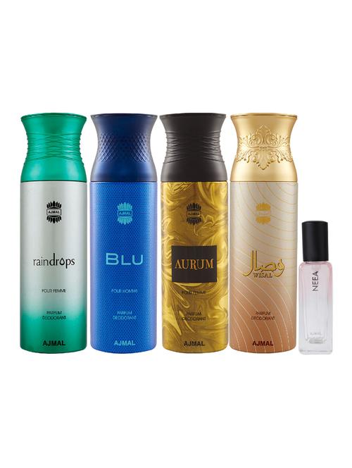 ajmal raindropss & blu & aurum & wisal deo 200ml & neea edp 20ml pack of 5 (total 820ml) for unisex - 17607283 - Very Small Image - 1